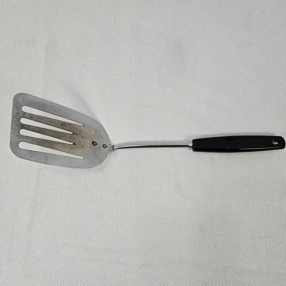 Vintage Foley USA Slotted Spatula Turner Chrome Plated Black Plastic Handle
